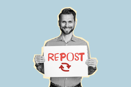 Creative photo collage image young cheerful man hold placard repost social media promotion targetologist smm popularity increaseの写真素材