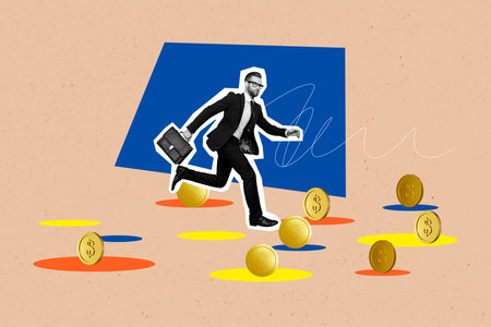 Composite photo collage of serious businessman run coin income usd currency earnings development success isolated on painted backgroundの写真素材