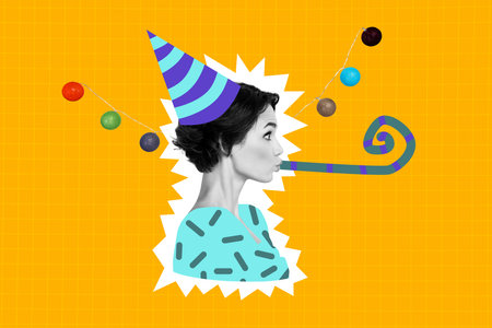 Composite trend artwork 3D sketch image photo collage of carefree party rest occasion happy birthday anniversary young lady hat cone hornの写真素材