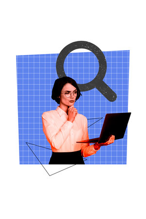 Trend artwork composite sketch image photo collage of hr young woman hand hold laptop think smart decision magnifier glass find candidateの写真素材