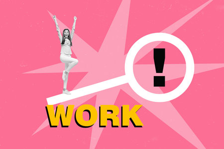 Creative image picture young cheerful woman rise hands magnifying glass enlarger exclamation mark explore vacancy recruitmentの写真素材