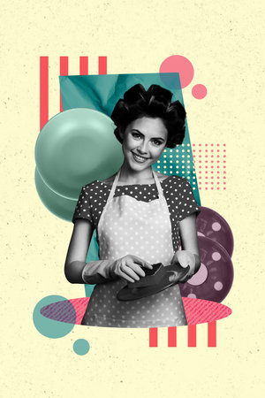Composite trend artwork 3D sketch image photo collage of young lady pinup style hairdo houseworker hand hold dishes wash clean kitchenの写真素材