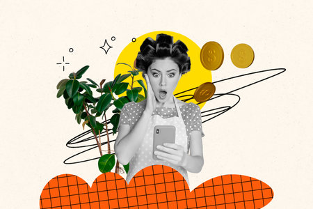 Composite trend artwork sketch image photo collage of caricature bright color monochrome lady housewifeshocked face read news smartphoneの写真素材