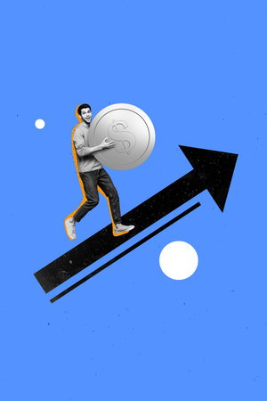 Vertical poster collage young man walk upwards successful trader coin dollar income profit earnings...