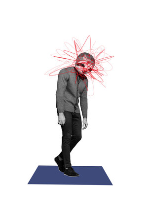 Vertical photo collage of upset man wear mask bullying stereotype depression mood stress mental...