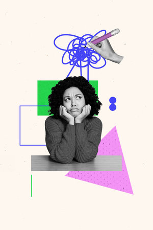 Vertical photo collage of dissatisfied american girl hand draw pencil brainwash control thoughts...