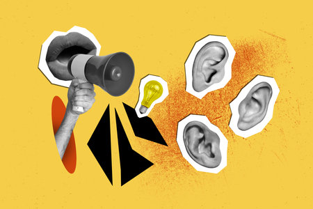 Composite trend artwork 3D image photo collage of silhouette human face piece mouth talk megaphone ear listen news inspiration idea lampの写真素材
