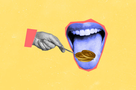 Composite photo collage of hand hold spoon feed mouth coin stack nutrition wealth profit rich worker...