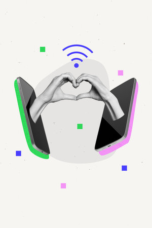 Vertical photo collage of two hands show heart hands gesture distance connection wifi phone screen love isolated on painted backgroundの写真素材