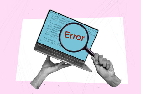 Creative poster collage of hand hold netbook error damaged software hacker magnifier loupe unusual...