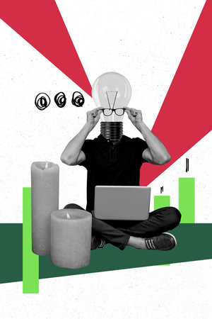 Composite trend artwork sketch photo collage of monochrome young man sit down work laptop idea lamp...
