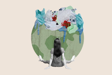 Composite photo collage of girl wear roller skate look planet bin trash pollution disaster problem damage isolated on painted backgroundの写真素材