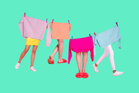 Composite collage image of laundry hanging legs walking housecleaning advert fantasy billboard comics zineの写真素材