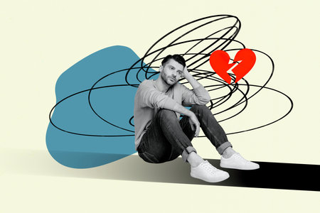 Composite trend artwork collage of monochrome young man boyfriend sad face sit think mess doodle...