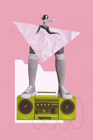Vertical picture collage young woman legs stockings body fragment audio boombox portable player...