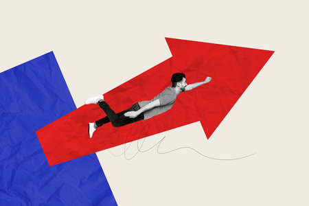 Composite collage image of young man flying superhero arrow point business strategy motivation...