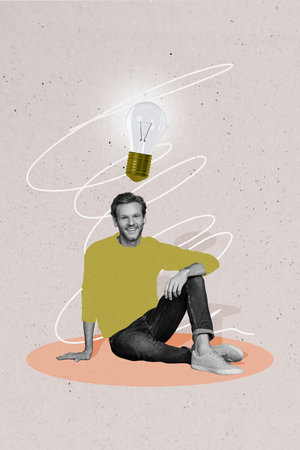 Composite trend artwork image photo collage of caricature workspace idea lamp smart puzzle education study young man smile model pose sitの写真素材
