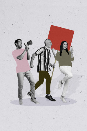 Composite artwork photo collage of picket empty space vote politics protest crowd young lady blogger...