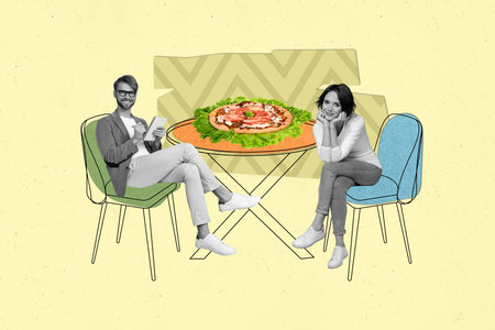 Creative poster collage young woman man couple eat restaurant food order menu pizza lettuce vegan ingredient date relationshipの写真素材