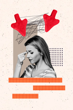 Composite trend artwork 3D sketch photo collage of copyspace monochrome young woman portrait arrow down crisis think mess line bad moodの写真素材