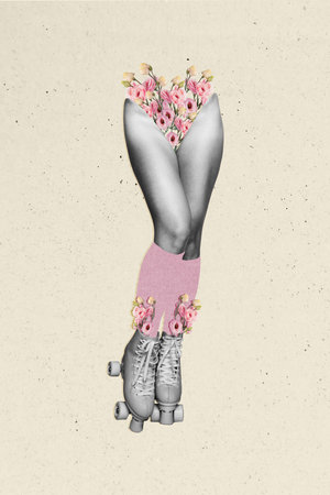 Composite trend artwork 3D sketch image photo collage of march flower nature woman day poster bodyless legs roller skates obsolete rideの写真素材