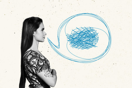 Composite trend artwork sketch collage of copyspace monochrome young woman stand face profile speech...