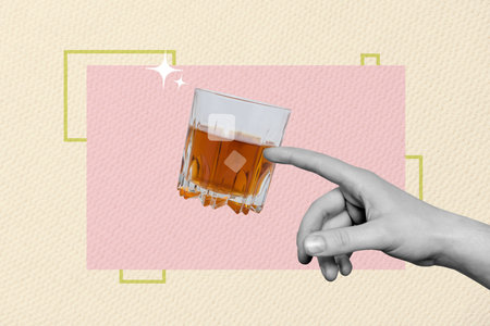 Creative collage picture human hand body fragment finger touch reach glass martini whiskey bar pub...