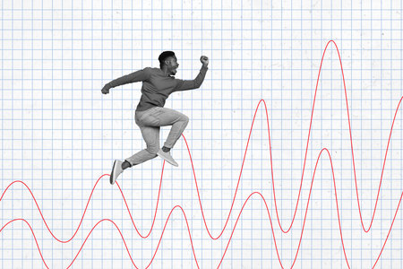 Composite collage image of funny young man running sounds wave stream spectrum fantasy billboard...