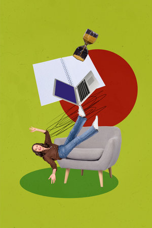 Vertical photo collage of happy old woman business freelance worker fall armchair notepad notes...