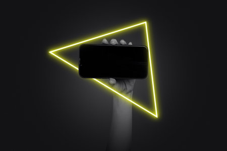 Trend artwork sketch image collage of dark background neon light lamp tube triangle shape hand hold...