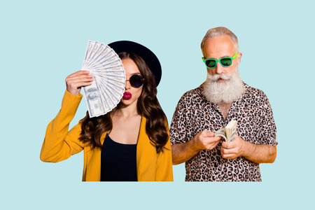 Composite collage image of stylish people rich spend money wealthy shopping fantasy billboard comics...