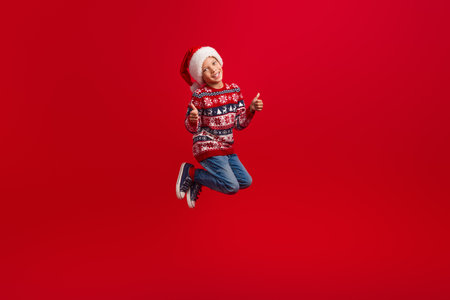 Full length photo of charming small boy jump show thumb up celebrate christmas dressed knitted sweater isolated on red color backgroundの写真素材