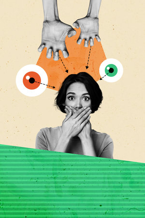 Trend artwork 3D sketch image collage of monochrome young lady shocked cover hand mouth keep silence gesture catch huge eyes look scrutinyの写真素材