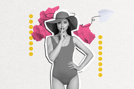 Trend artwork sketch composite 3d photo collage of silhouette paper plane message fly origami young lady gesture shh summer swimsuit hatの写真素材