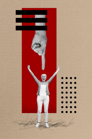 Vertical poster collage cheerful lady raise hands celebrate success hand finger showing gesture bullying boss commanderの写真素材