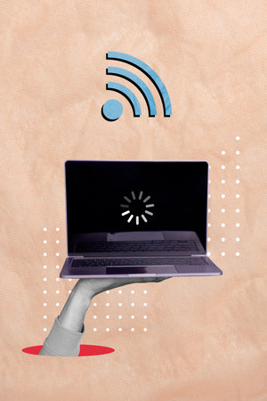 Contemporary art collage image of wifi signal connection symbol loading process laptop display isolated on beige color backgroundの写真素材