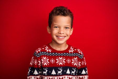 Photo portrait of cute little boy cheerful smile look camera celebrate new year wear knitted outfit isolated on red color backgroundの写真素材
