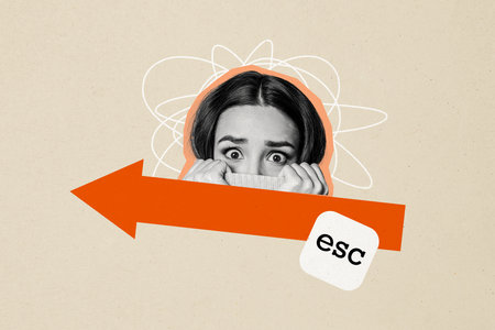 Composite photo collage of panic scared girl hide collar arrow point escape fired staff dismissal...