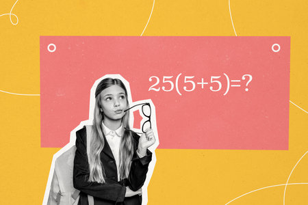 Composite photo collage of minded girl pouted lips hold glasses think math subject example solution...