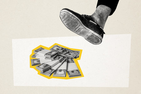 Creative collage poster leg body fragment step walk bunch money finance currency pile rich wealthy...