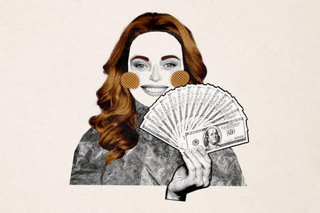 Composite photo collage of happy girl parts body element face hold banknotes cash salary budget rich...