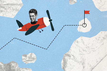 Composite trend artwork sketch image photo collage of sky clouds young man pilot plane fly moving...