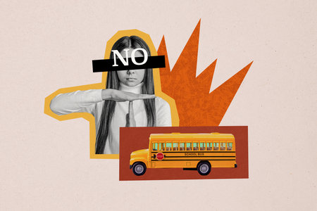 Creative collage image young schoolkid girl bus traffic vehicle auto no refusal deny pupil academic...