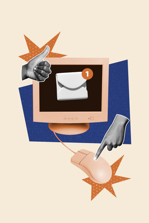 Vertical photo collage of hands point pc monitor letter notification correspondence like feedback mail isolated on painted backgroundの写真素材