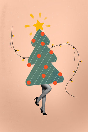 Composite trend artwork sketch image collage of winter holiday merry christmas newyear decor eve tree body young lady legs stand garlandの写真素材