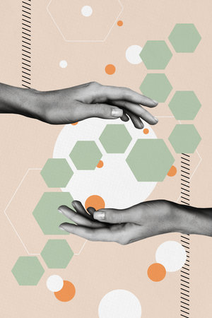 Vertical photo collage of business people show graph success cooperation development aim achievement isolated on painted backgroundの写真素材