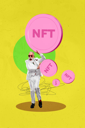 Composite trend artwork sketch image 3D photo collage of trader business arrow work coins money nft crypto count aged man stand confusedの写真素材