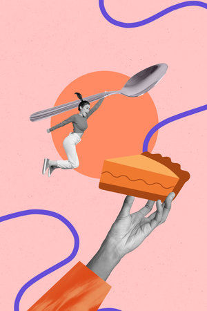 Vertical photo collage of happy hungry girl hold big spoon pumpkin thanksgiving holiday banquet isolated on painted backgroundの写真素材