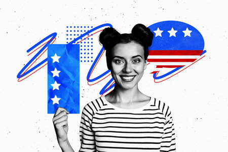 Collage image picture of happy charming girl hold bulletin national president election isolated on...