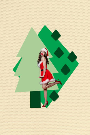 Vertical photo collage of happy girl wear new year costume dress hat heels tree xmas celebration isolated on painted backgroundの写真素材
